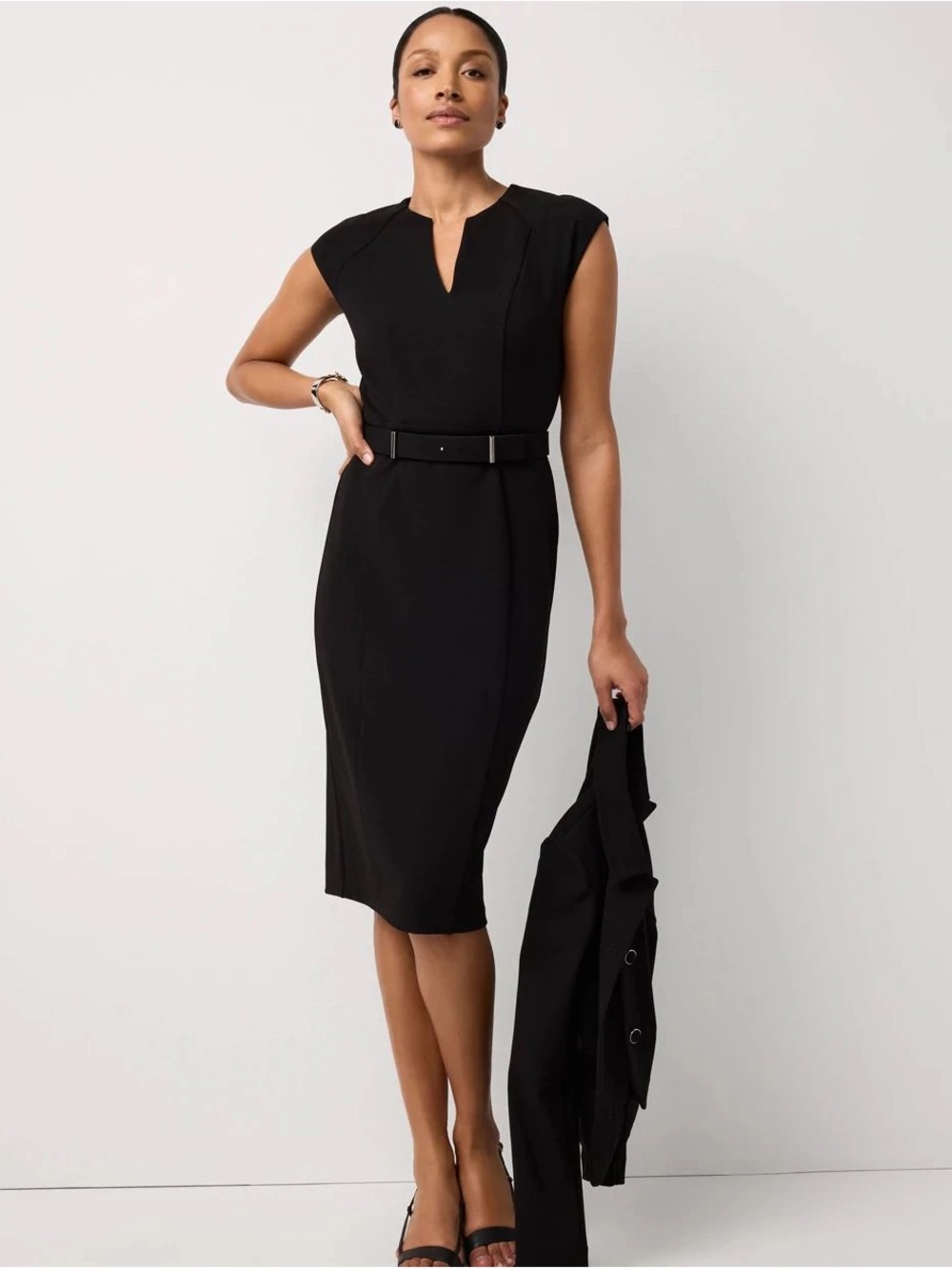 NWT White House Black Market Black Midi Sheath Dress with Belt